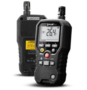 An infrared FLIR MR77 device on a black background.