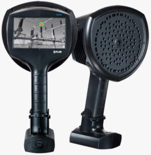 A black FLIR Si124 Acoustic Imaging Camera with an infrared camera attached to it.